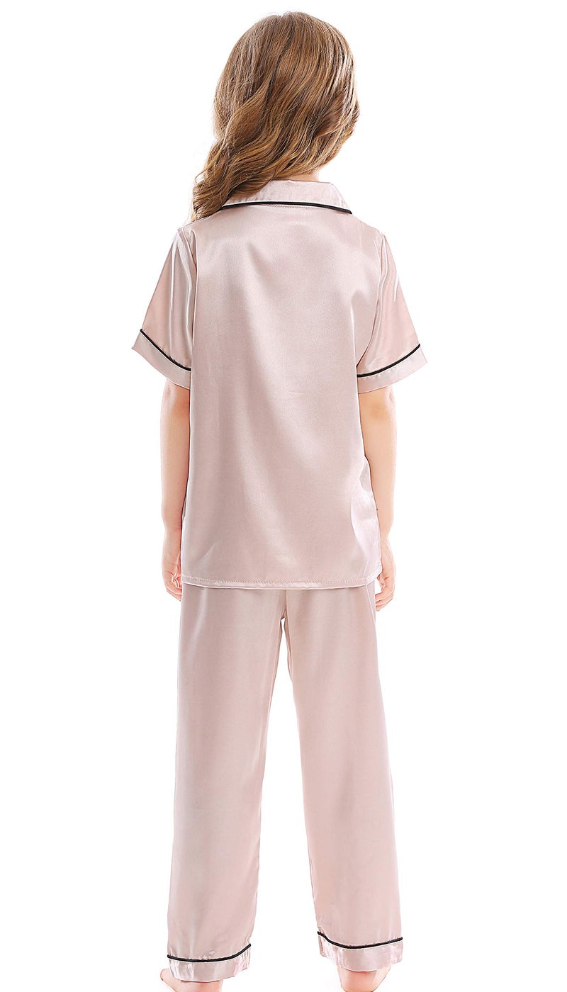 Horcute Kids Satin Short-Top and Long-Pants 2-Pieces Pajamas Sleepwears Set Champagne 160# 9-10Y - Image 5